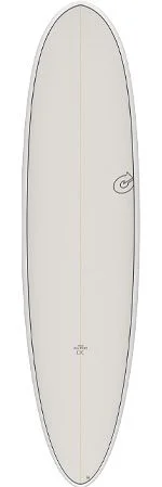 White surfboard with a beige deck, shown vertically, with a logo on the right side.