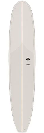 Cream longboard surfboard with a red center stringer and a small black logo near the middle.