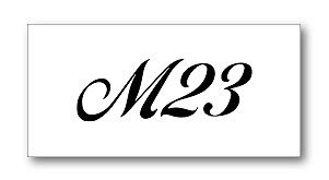 Elegant cursive text 'M23' on a white card