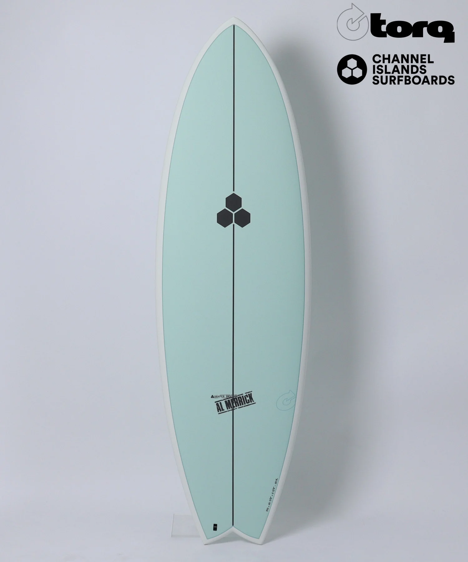 Mint-green surfboard standing vertically with a white edge, centered against a light background, logos in the top-right corner (Torq and Channel Islands Surfboards).