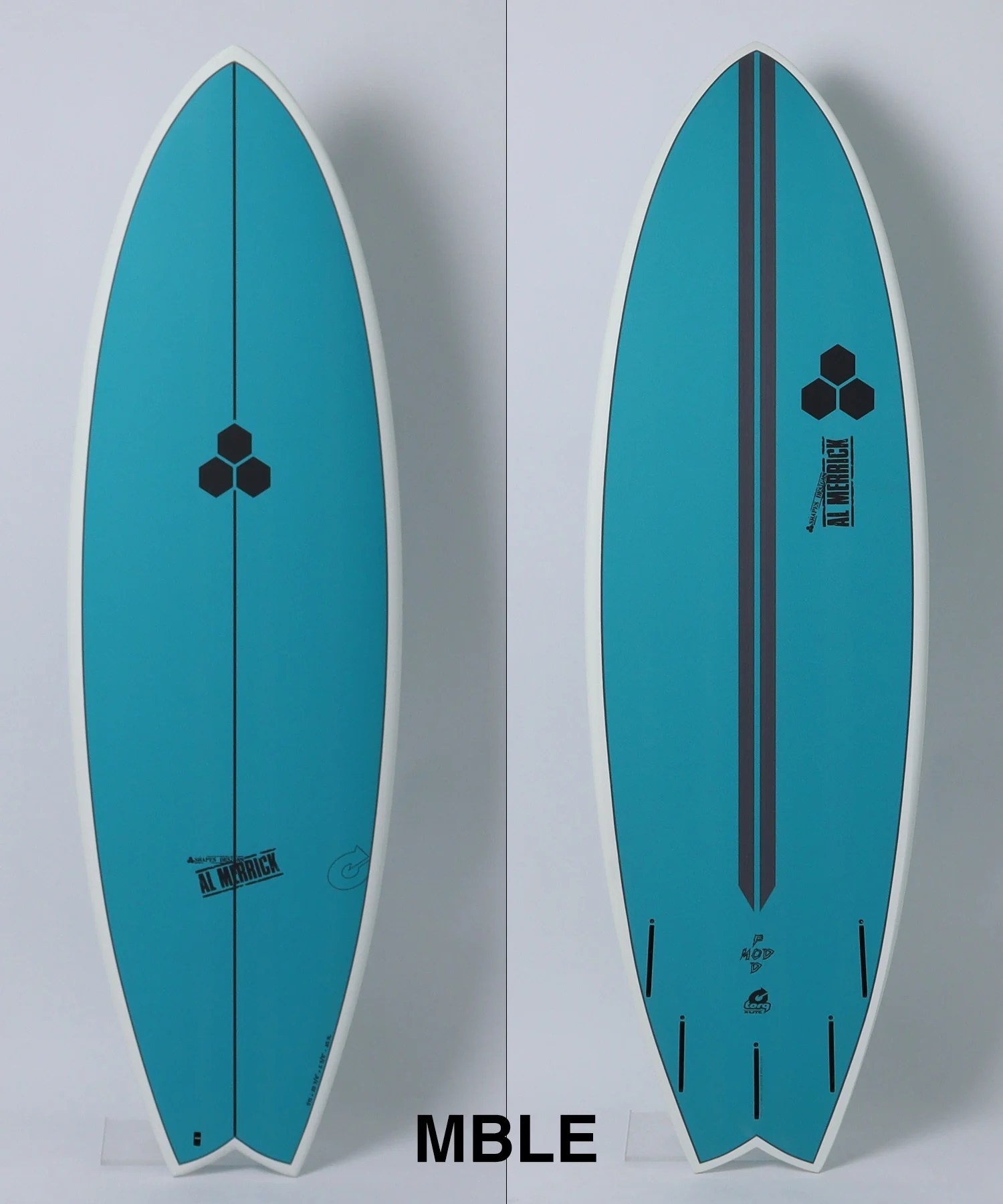 Two teal surfboards shown side by side against a white background, with a hexagonal logo centered on each board.