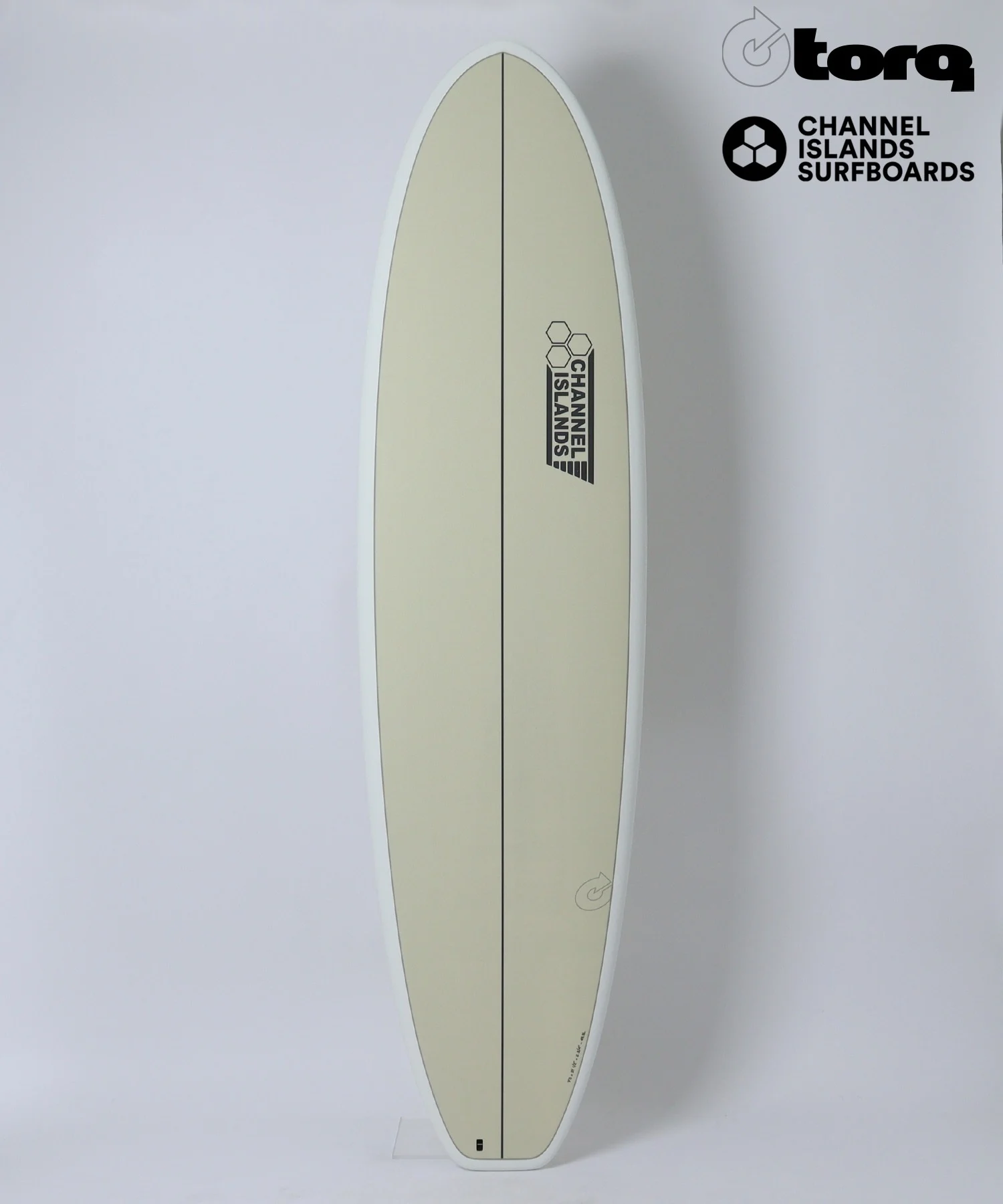 Beige longboard surfboard standing upright with a black center seam and Channel Islands Surfboards logo on the right.
