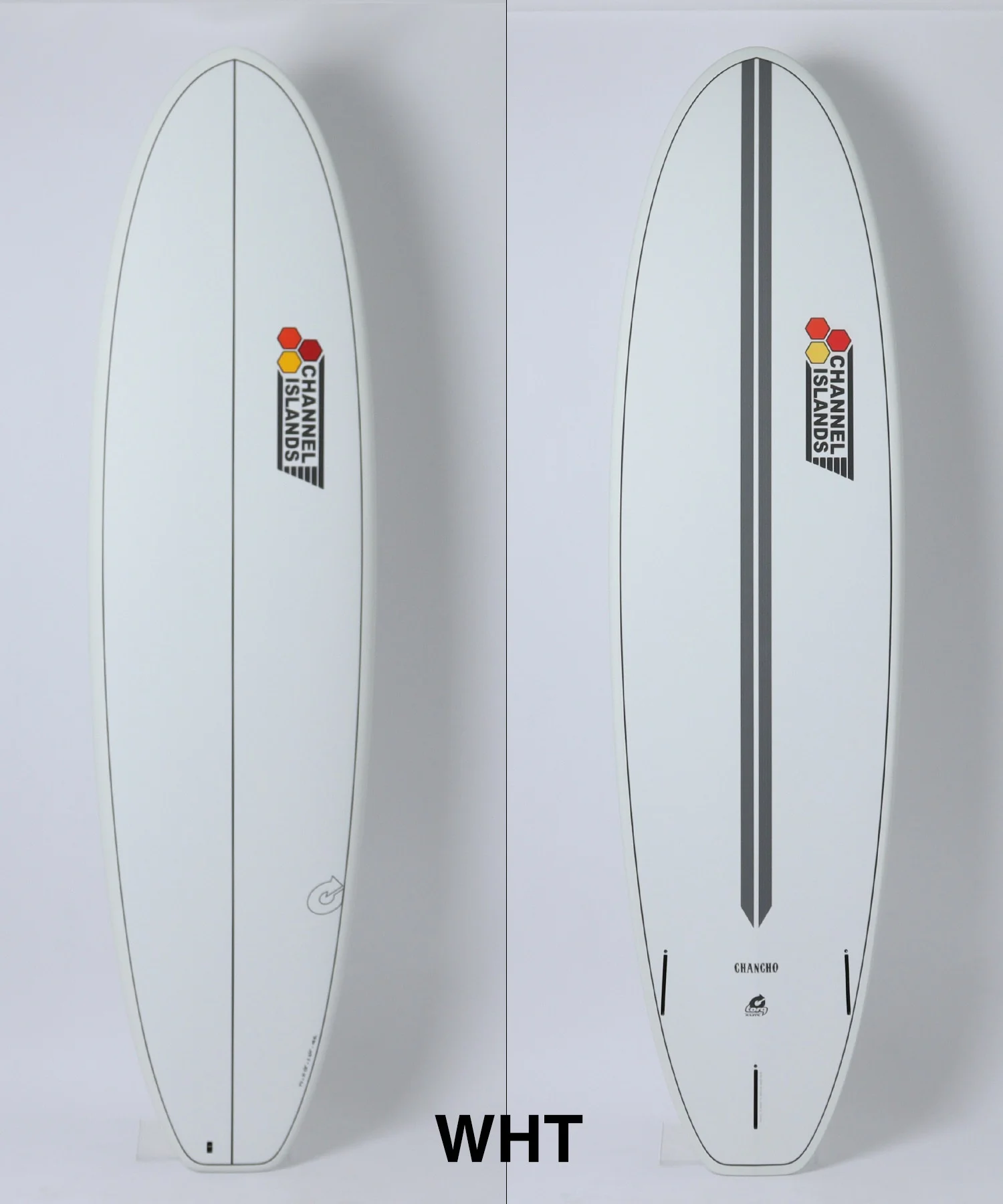 Two white surfboards shown side by side on a white background; left board is plain, right board has a dark vertical center stripe and Channel Islands logo.