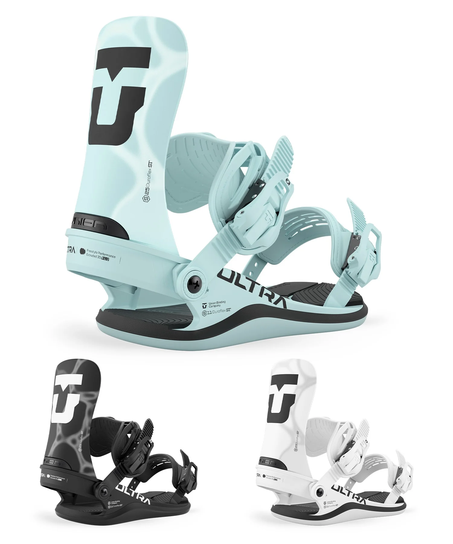image - SHOP NEWS | ムラサキスポーツオンラインストア 通販 Pair of snowboard bindings in teal, black, and white colors displayed prominently for product showcase (Ultralike brand).