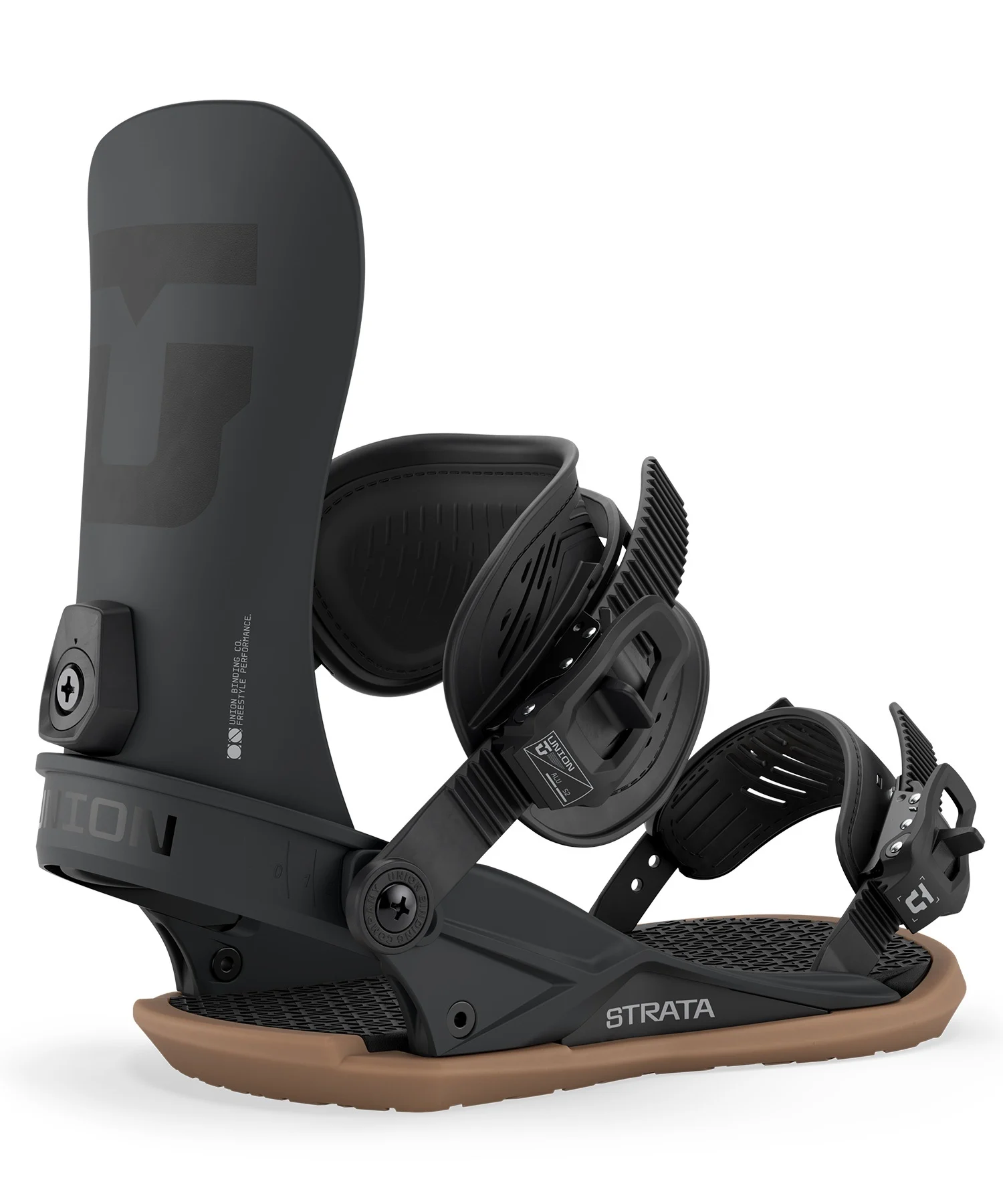 image - SHOP NEWS | ムラサキスポーツオンラインストア 通販 Close-up of a black snowboard binding with large highback, ankle strap, and ratchet buckles, labeled STRATA at the base.