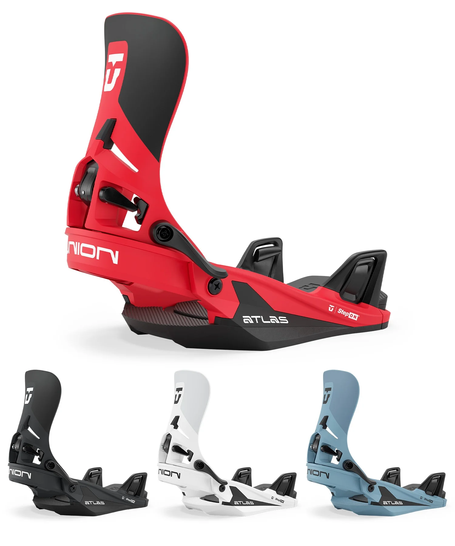 image - SHOP NEWS | ムラサキスポーツオンラインストア 通販 Red Atlas snowboard binding with highback and black baseplate, shown from a side angle against a white background, product shot for e-commerce