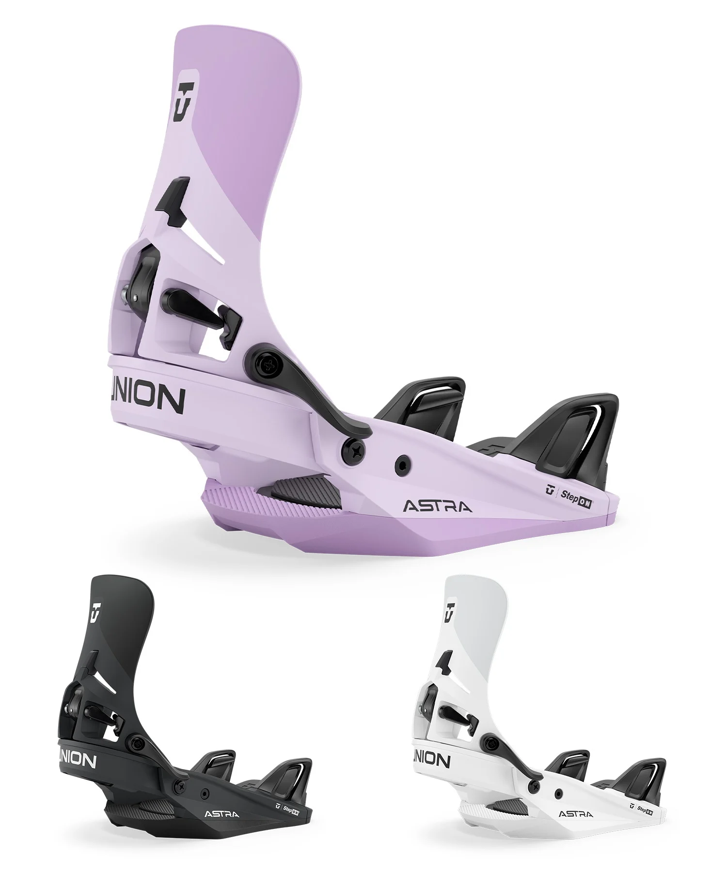 image - SHOP NEWS | ムラサキスポーツオンラインストア 通販 Purple Bindings: close-up of snowboarding bindings with a high-back in lavender and 'ASTRA' branding, part of a Step On binding system