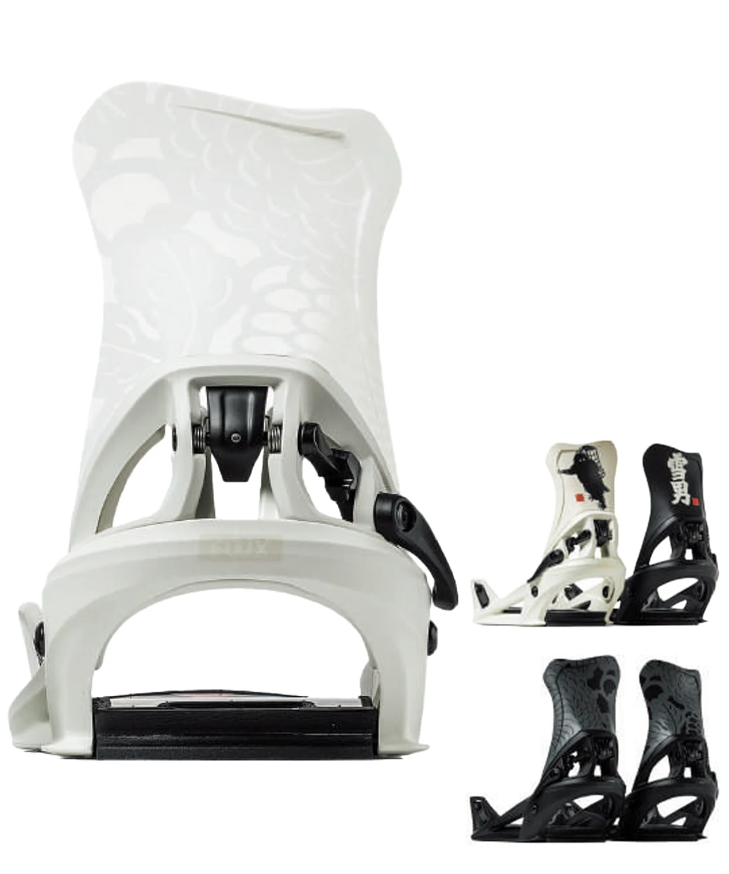 image - SHOP NEWS | ムラサキスポーツオンラインストア 通販 White snowboard binding with highback and straps, shown with black and white color variants on the side (product image).