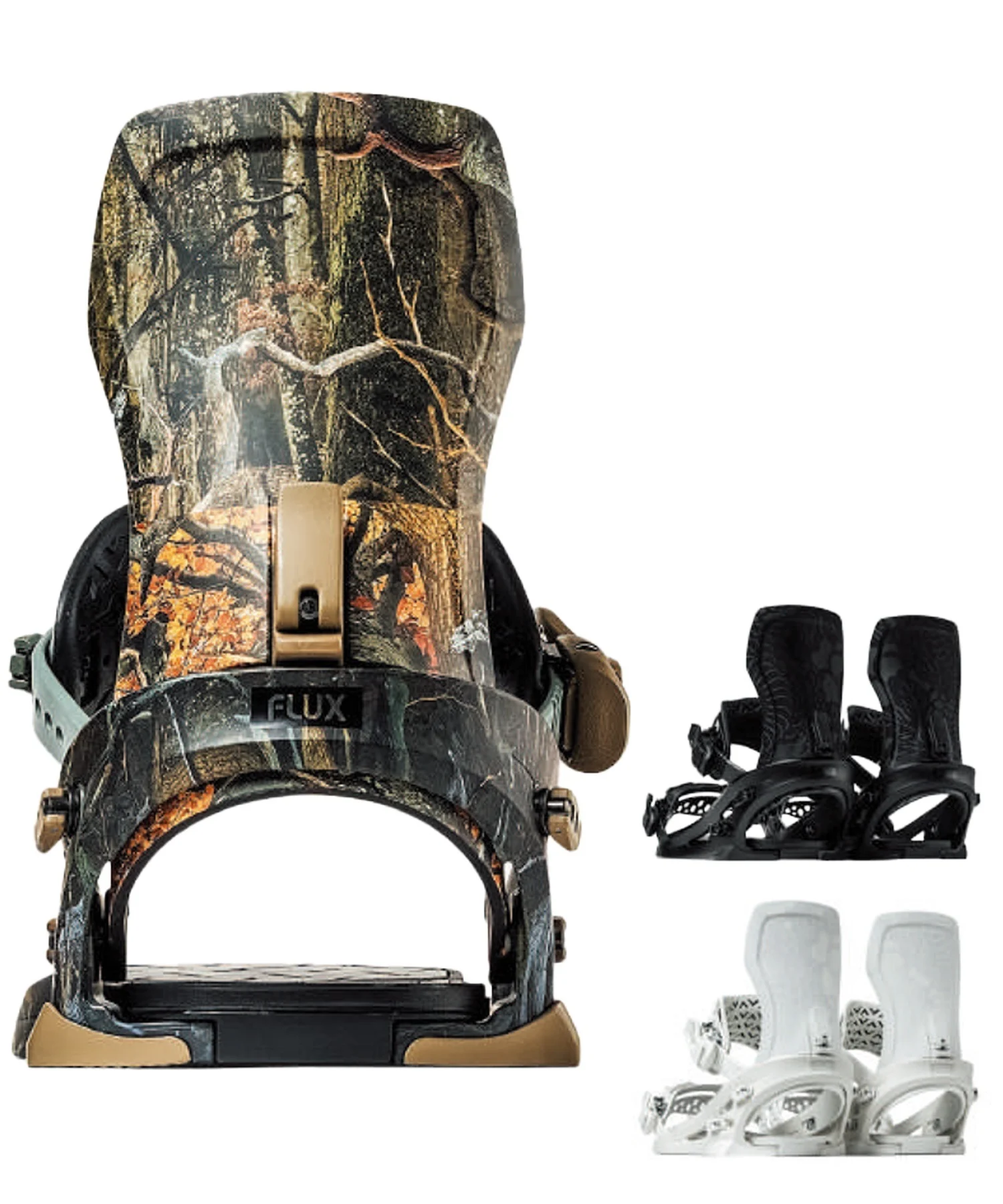 image - SHOP NEWS | ムラサキスポーツオンラインストア 通販 Flux camo snowboarding binding with large highback and straps, plus separate black and white foot bindings starting to the right