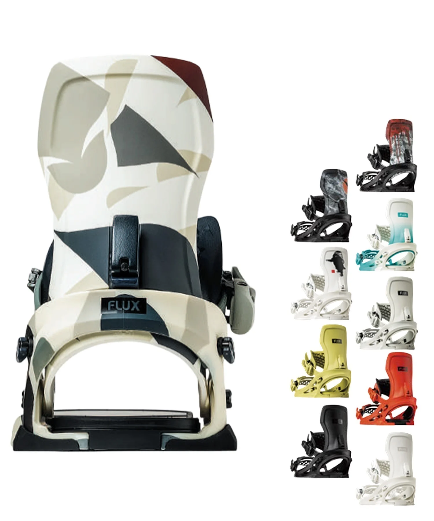 image - SHOP NEWS | ムラサキスポーツオンラインストア 通販 Flux snowboard binding with beige camo design; many color options shown as swatches on the right side.