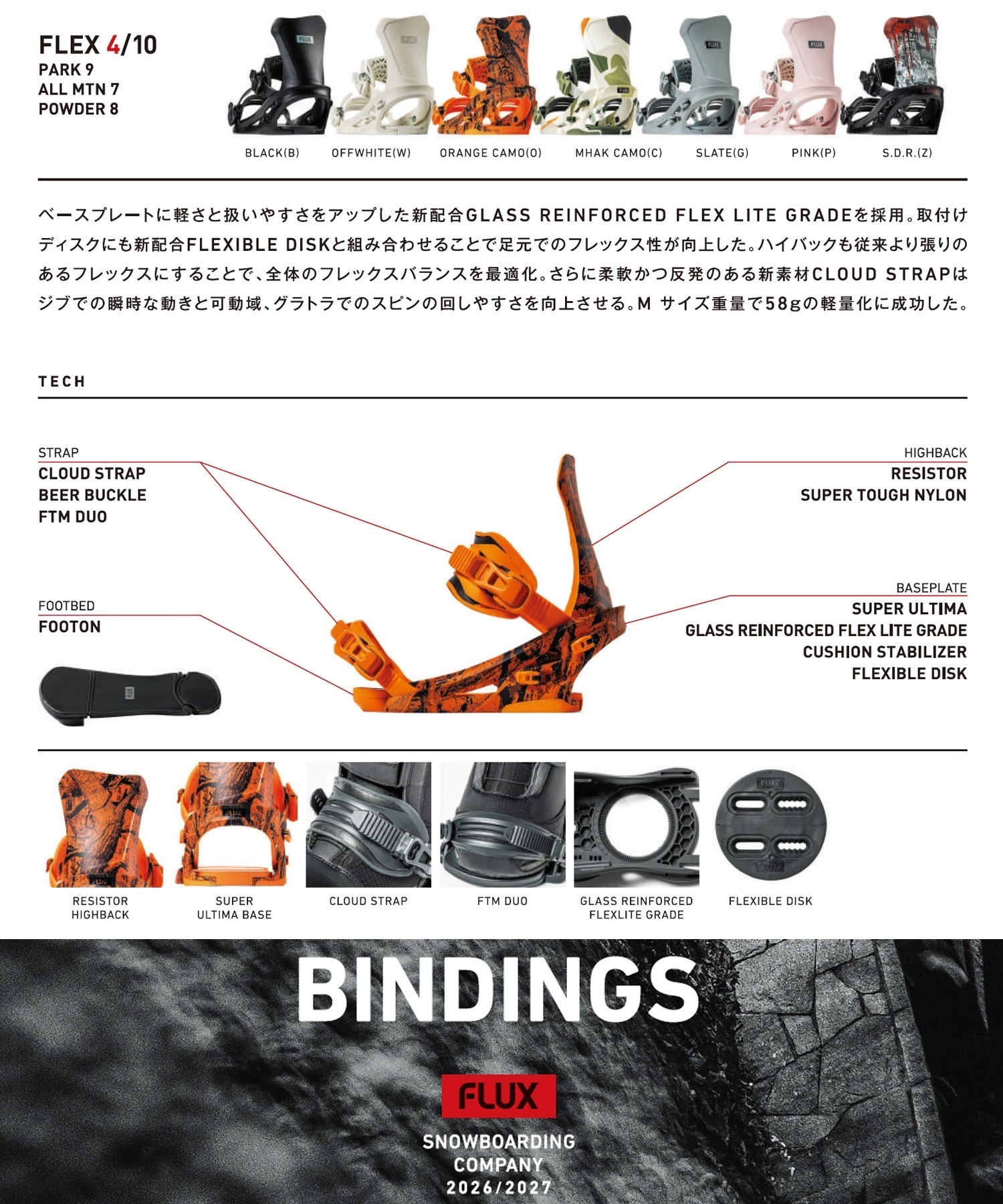 image - SHOP NEWS | ムラサキスポーツオンラインストア 通販 Infographic of Flux snowboarding bindings with color samples at top and labeled parts (cloud strap, footbed, baseplate, highback, cushion stabilizer, flexible disk).