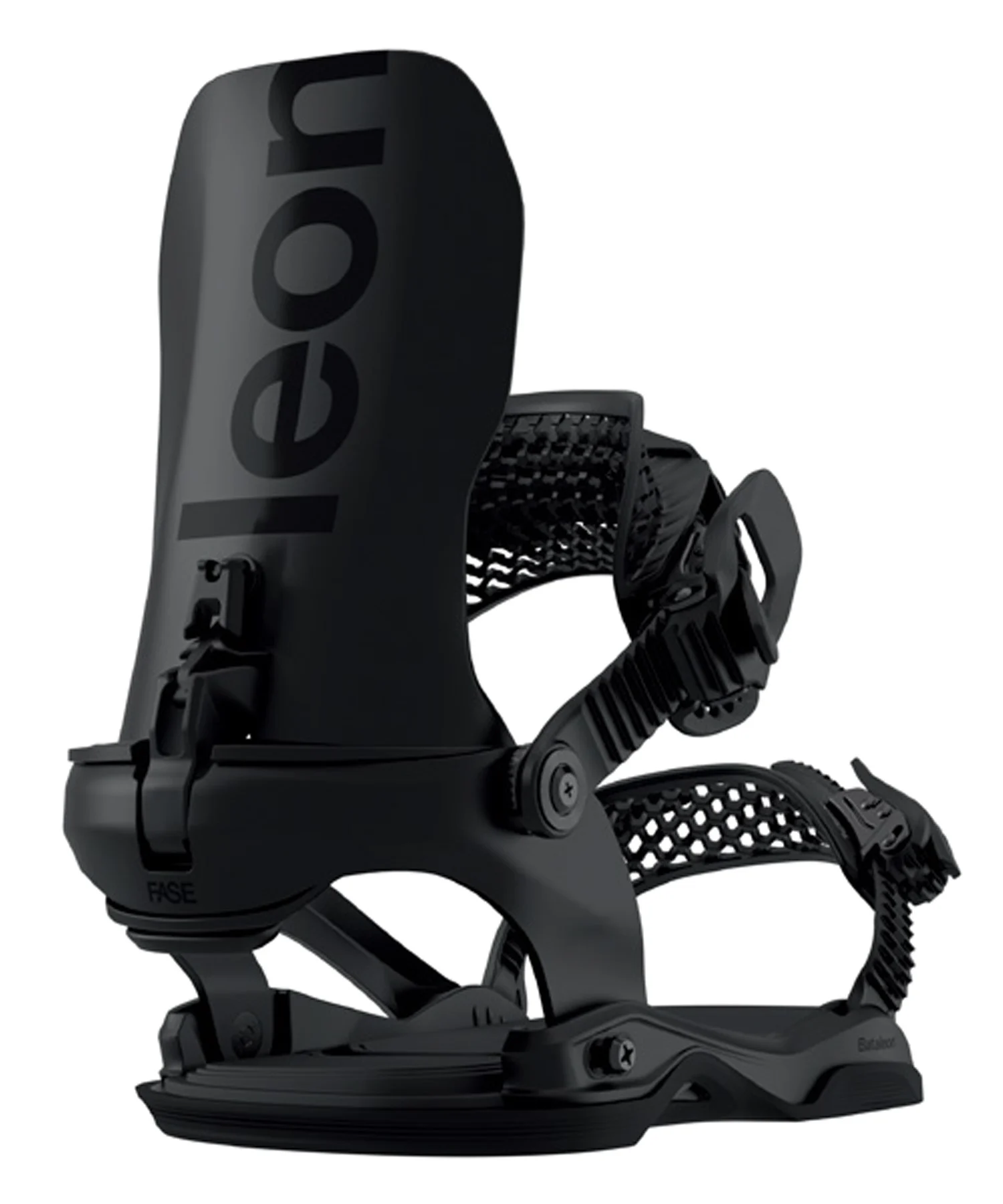 image - SHOP NEWS | ムラサキスポーツオンラインストア 通販 Black snowboard binding close-up showing the highback, ankle strap, and ratchet buckle system for secure foot placement (often used in freestyle bindings). The heel area bears the brand mark, with a sturdy baseplate and adjustment screws visible.