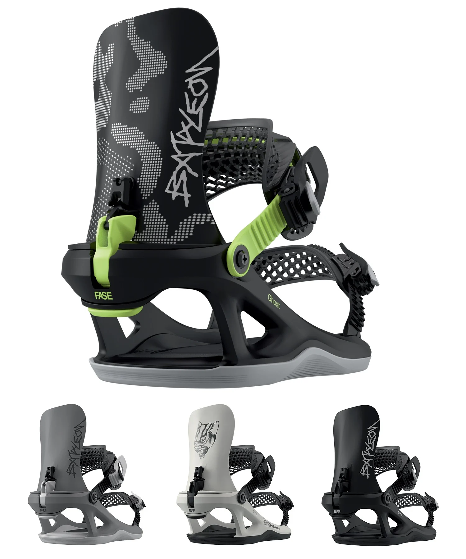 image - SHOP NEWS | ムラサキスポーツオンラインストア 通販 Snowboard binding with black frame, neon green adjustment lever, and highback seen from the side.