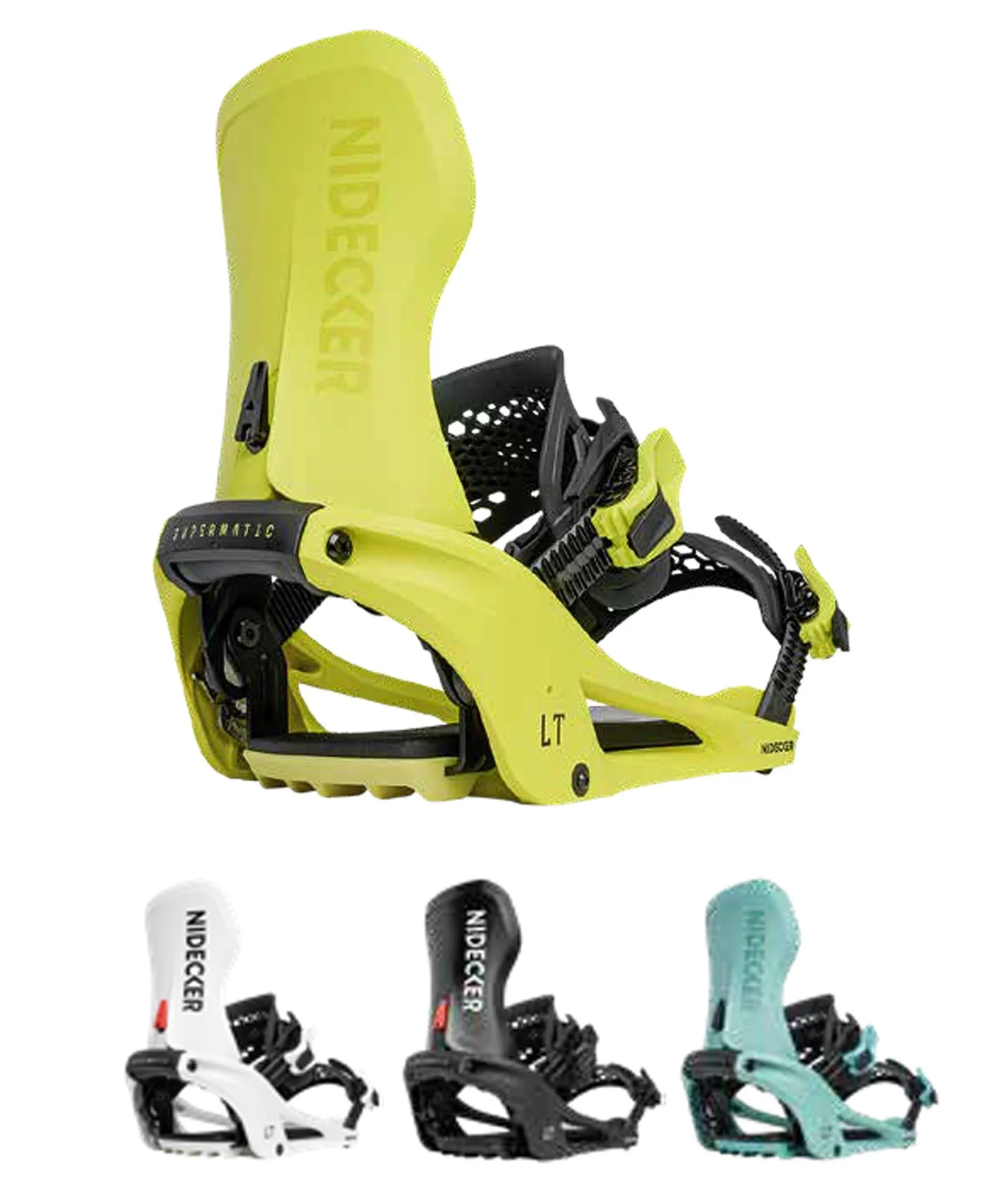 image - SHOP NEWS | ムラサキスポーツオンラインストア 通販 Yellow snowboard binding with tall highback and black ankle/strap system (Nidecker brand) visible, shown from side angle against white background. Also shows lower row of additional bindings in white, black, and teal colors below.