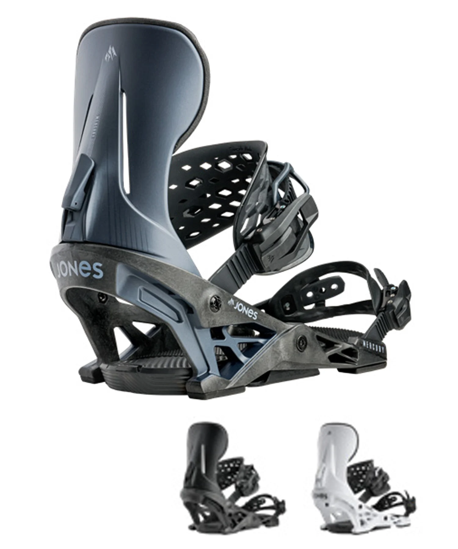 image - SHOP NEWS | ムラサキスポーツオンラインストア 通販 Three snowboard bindings (Jones) shown in dark gray, black, and white, displayed side by side under a white background.