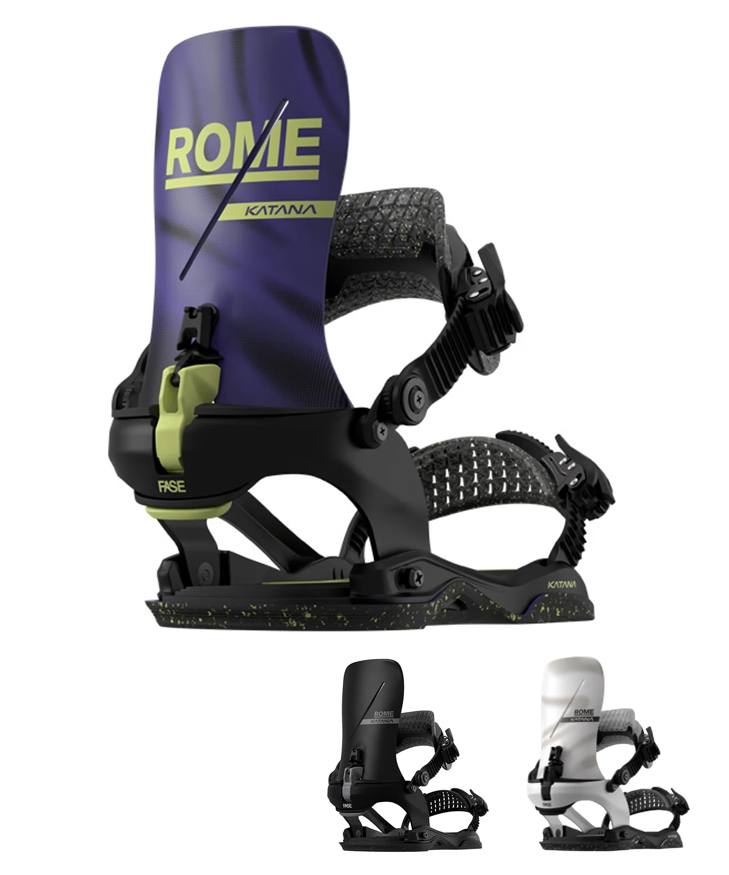 image - SHOP NEWS | ムラサキスポーツオンラインストア 通販 Close-up of a purple Rome Katana snowboard binding showing the highback, ankle strap, and ratchets against a white background (informative product image).