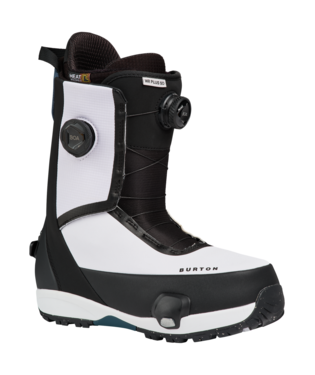 Burton snowboard boot with white upper and black cuff, featuring a BOA dial and rugged tread.