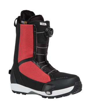 Burton snowboard boot in black with a red side panel, dial lacing, and rugged outsole.