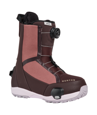 Burton snowboard boot in burgundy with pink panels and a white sole; features a Boa dial lacing system.