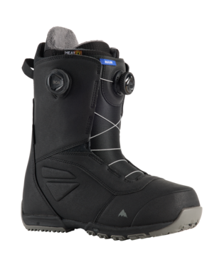 Black snowboard boot with BOA lacing dials, side buckle, and rugged tread seen from a side profile.