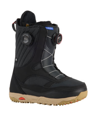 Black snowboard boot with a beige treaded sole and dual dial/lacing closures, shown from the side.