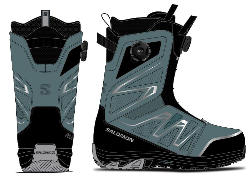 Salomon snowboard boot shown in side and back views, gray and black with BOA dial and strap closures.