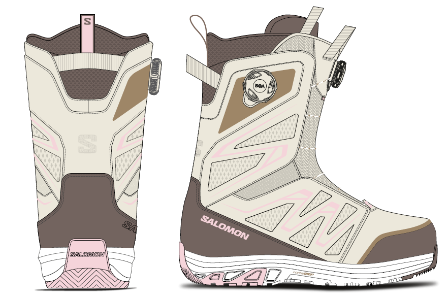 Illustration of a Salomon snow boot shown from rear and side, cream with pink and brown accents, BOA dial visible.