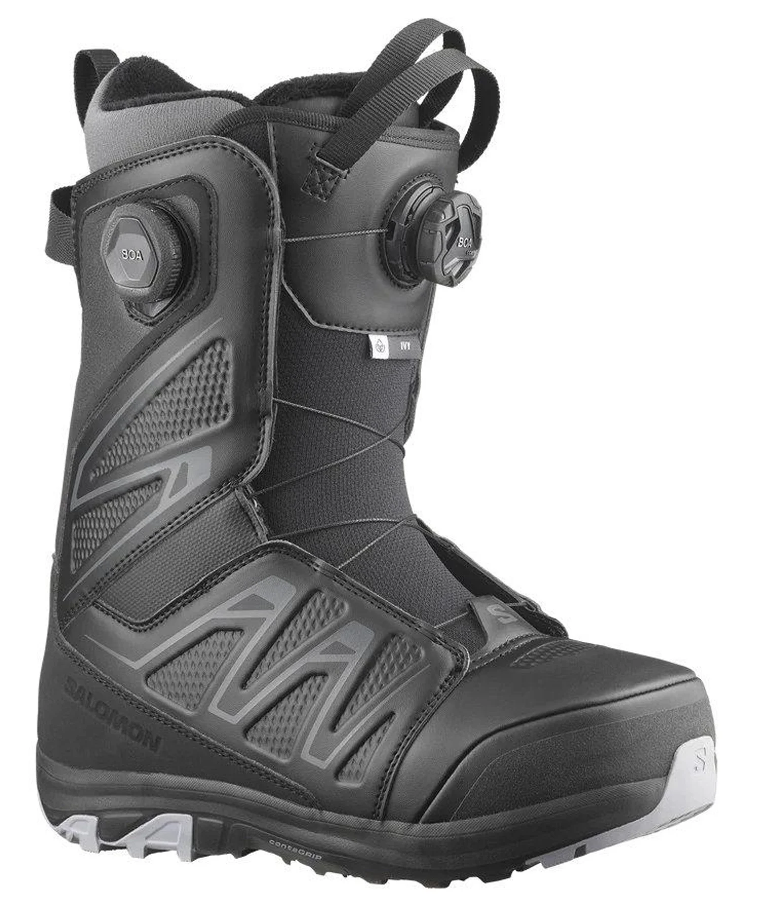 Black snow boot with a BOA dial closure and velcro straps, rugged tread outsole.