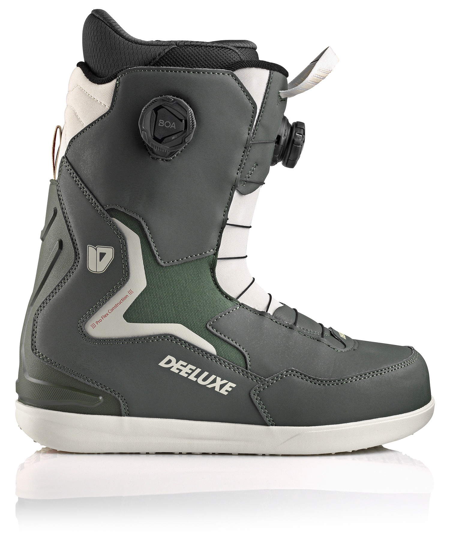 Dark gray snowboard boot with white sole, featuring a BOA dial on the side and a high, padded cuff for support (Deluxe brand).