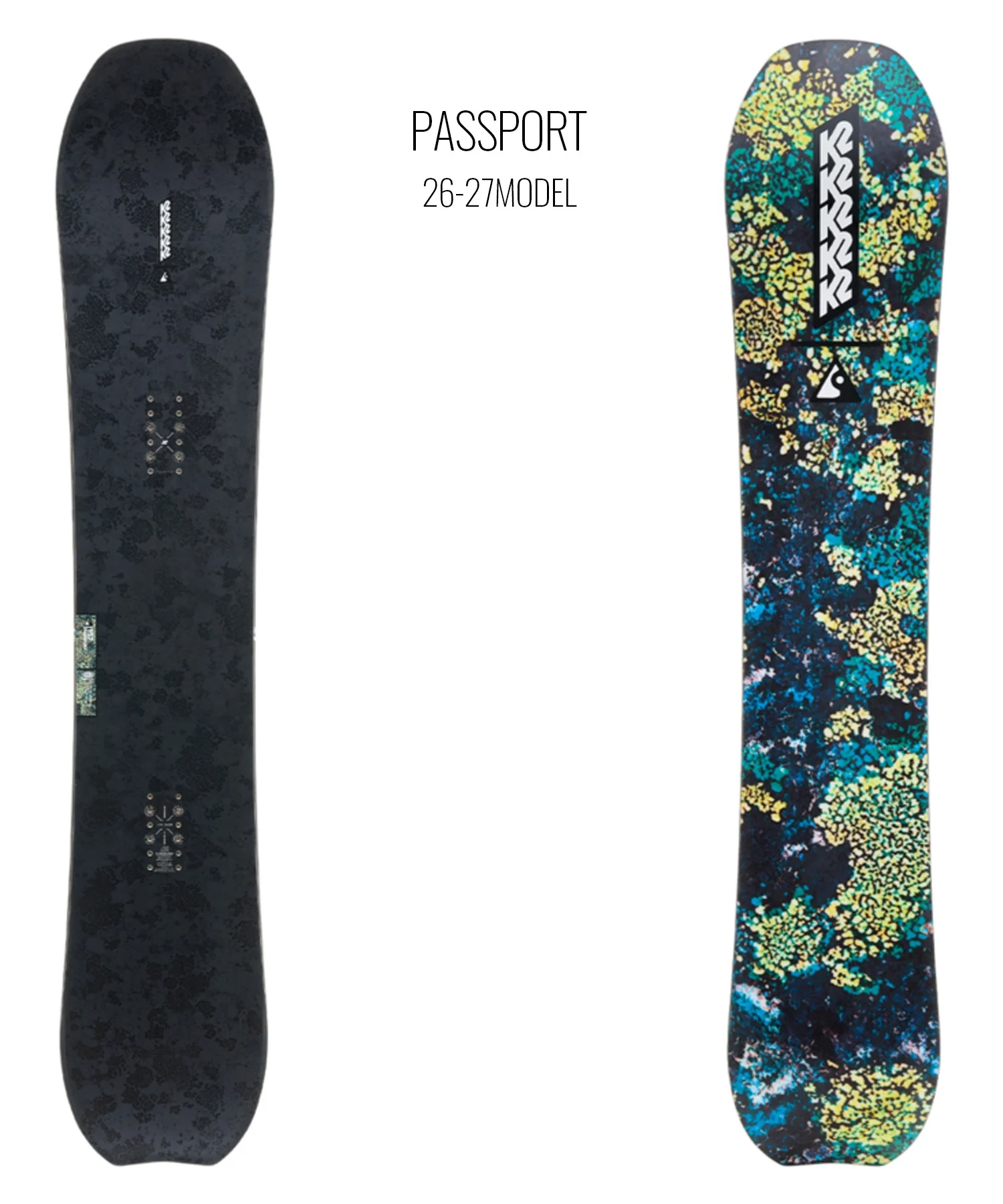 Passport 26-27 model snowboards: left dark camo board, right vibrant coral-pattern board with branding.