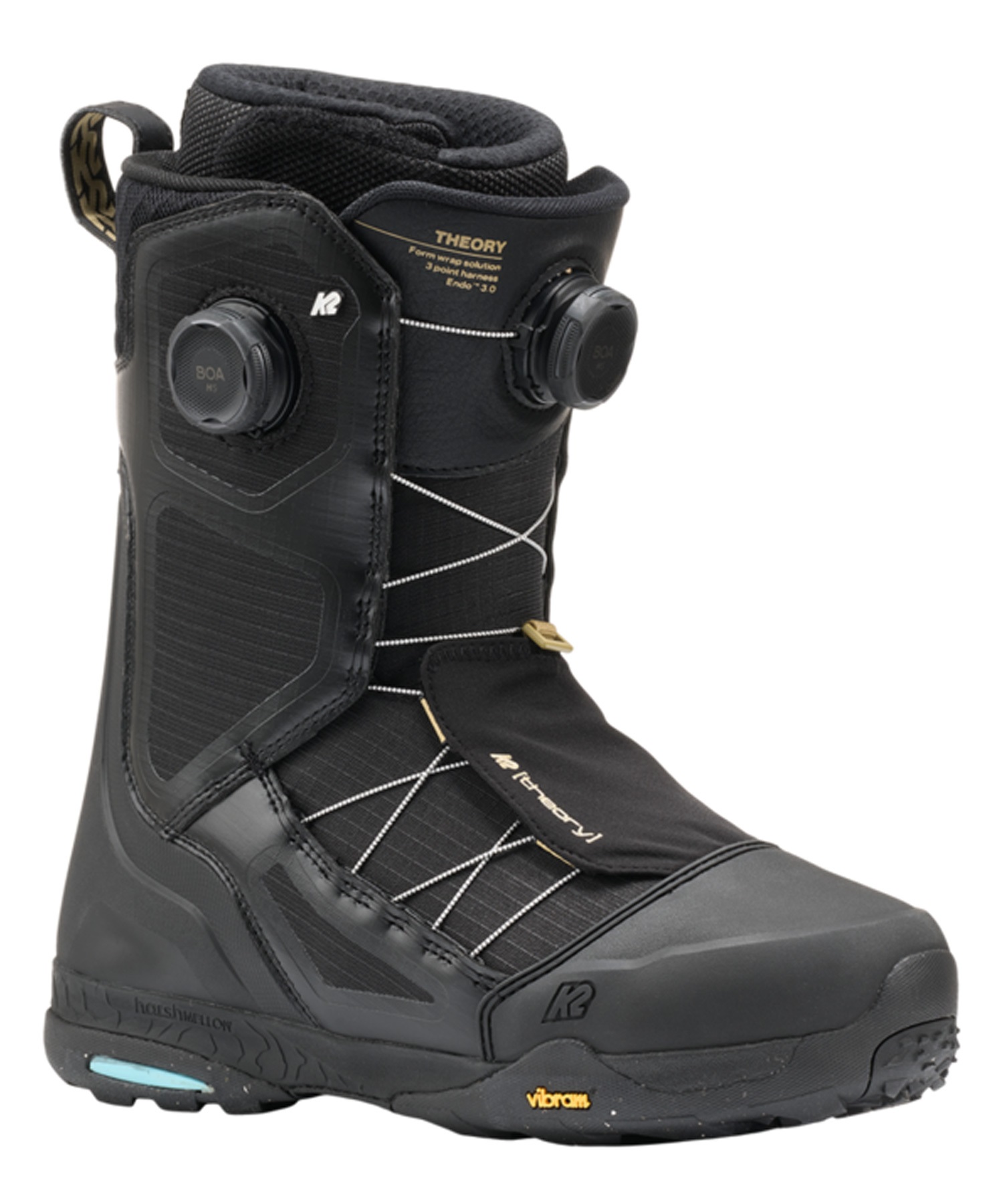 Black snowboard boot with BOA dial closure and lace system, rugged sole and brand accents, designed for bindings and traction in snow sports.