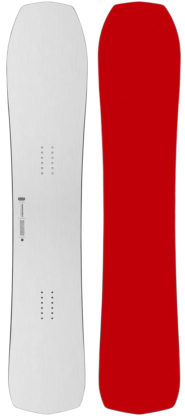 Two snowboards standing upright side by side: left is white with a brushed metal finish and hole patterns, right is solid red.