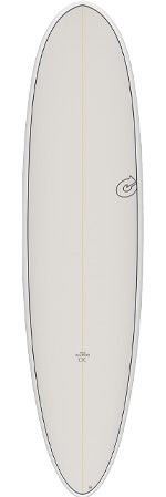 White surfboard with a beige center stringer, dark rails, and a small circular logo on the right side.