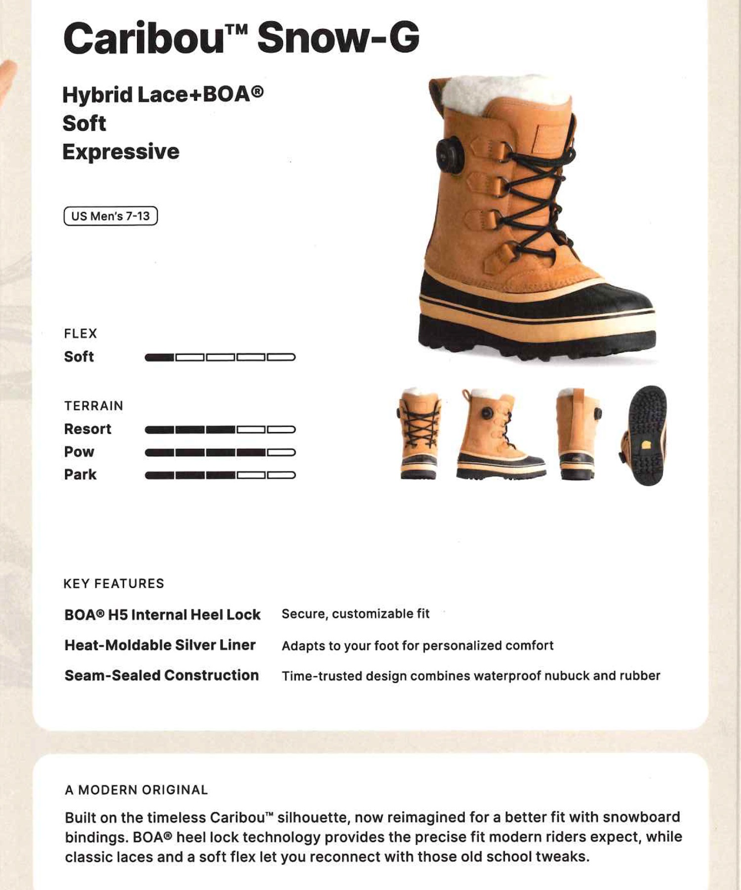Caribou Snow-G tan winter boot with black sole and Boa dial; sizes US men's 7–13; features Flex Soft and terrain indicators.