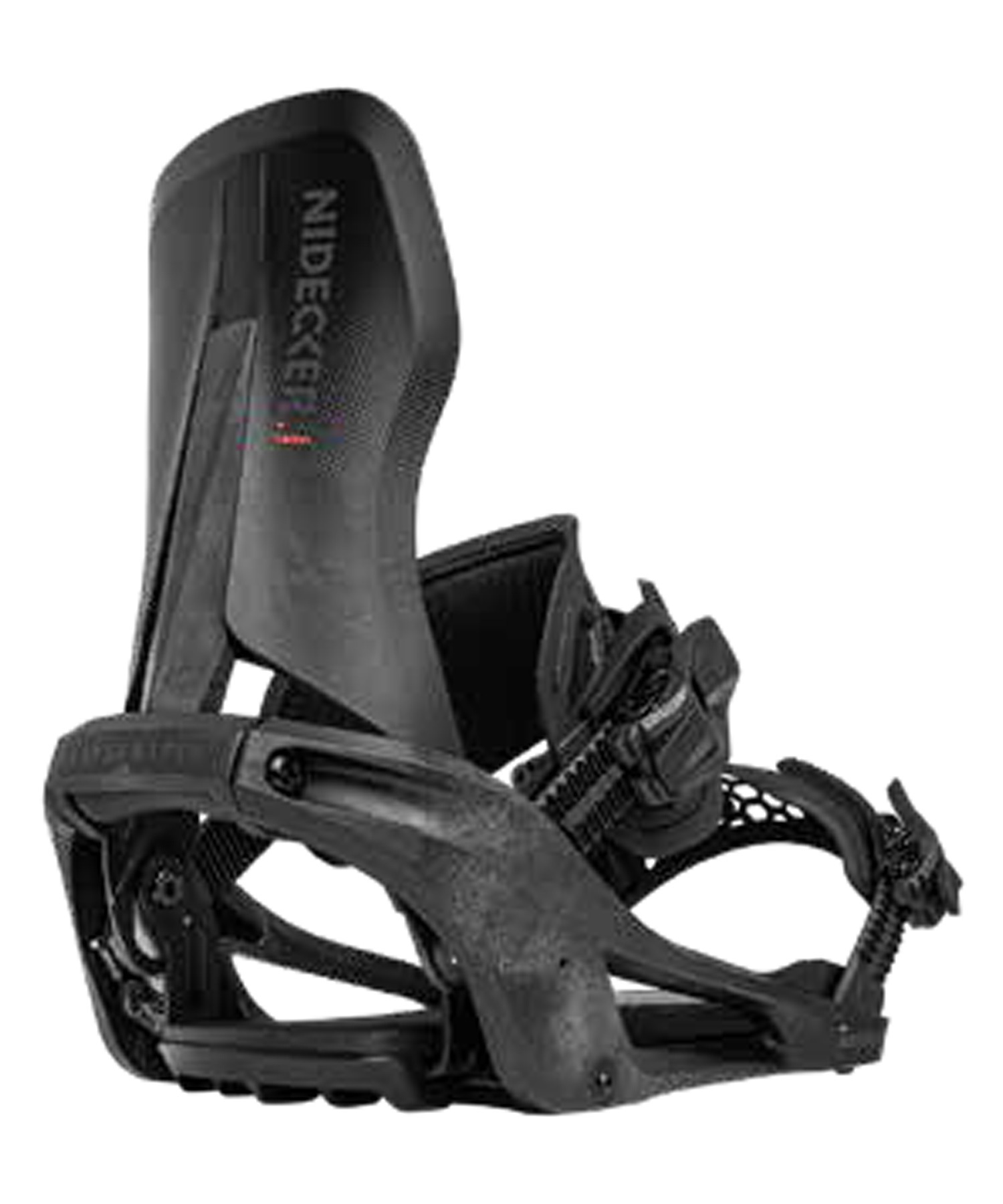 nidecker_carbonsupermatic - SHOP NEWS | ムラサキスポーツオンラインストア 通販 Black snowboard binding with highback and strapped ankle/toe bindings, designed to attach boots to a snowboard.