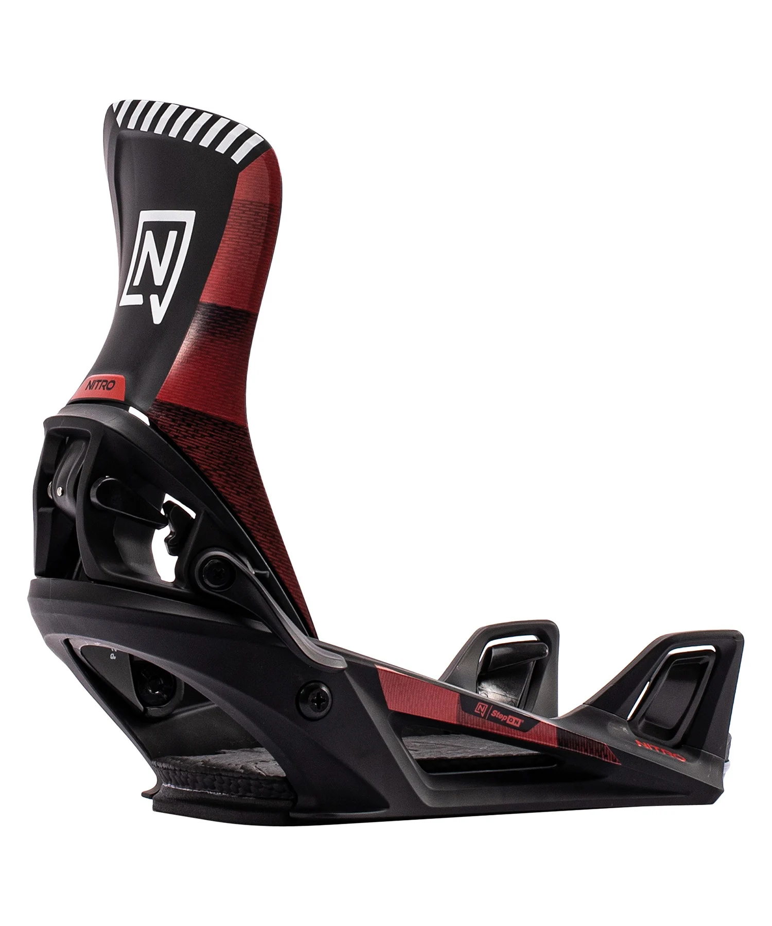 nitro_stepon - SHOP NEWS | ムラサキスポーツオンラインストア 通販 Red-and-black snowboard binding with a tall highback, adjustable straps, and a sturdy baseplate (Nitro Step On).