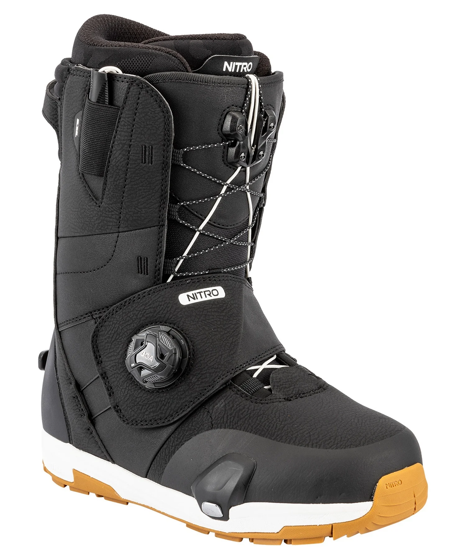 Black Nitro snowboard boot with a Boa dial, lace system, and padded cuff; white sole and orange tread for traction