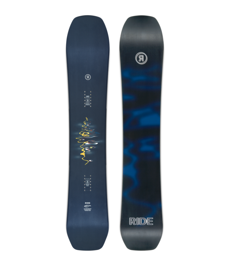 Two blue Ride snowboards standing upright side by side: the left board has a colorful wavy design along its length, the right board features a dark blue pattern with a prominent 'RIDE' logo near the bottom.
