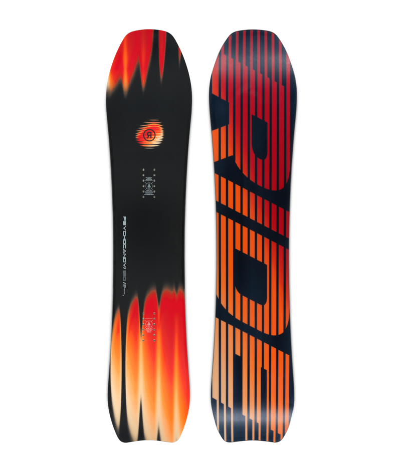 Pair of snowboards with bold red‑orange flame graphics on the left and a geometric orange‑on‑blue design on the right, shown vertical as a product display.