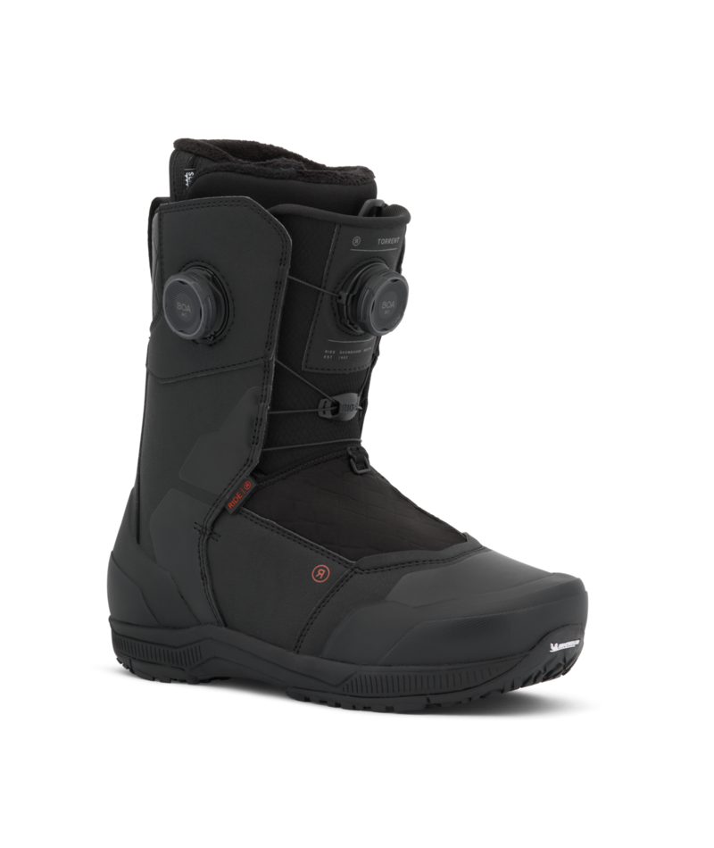 Side view of a black snowboard boot with a BOA dial lacing system and rugged sole