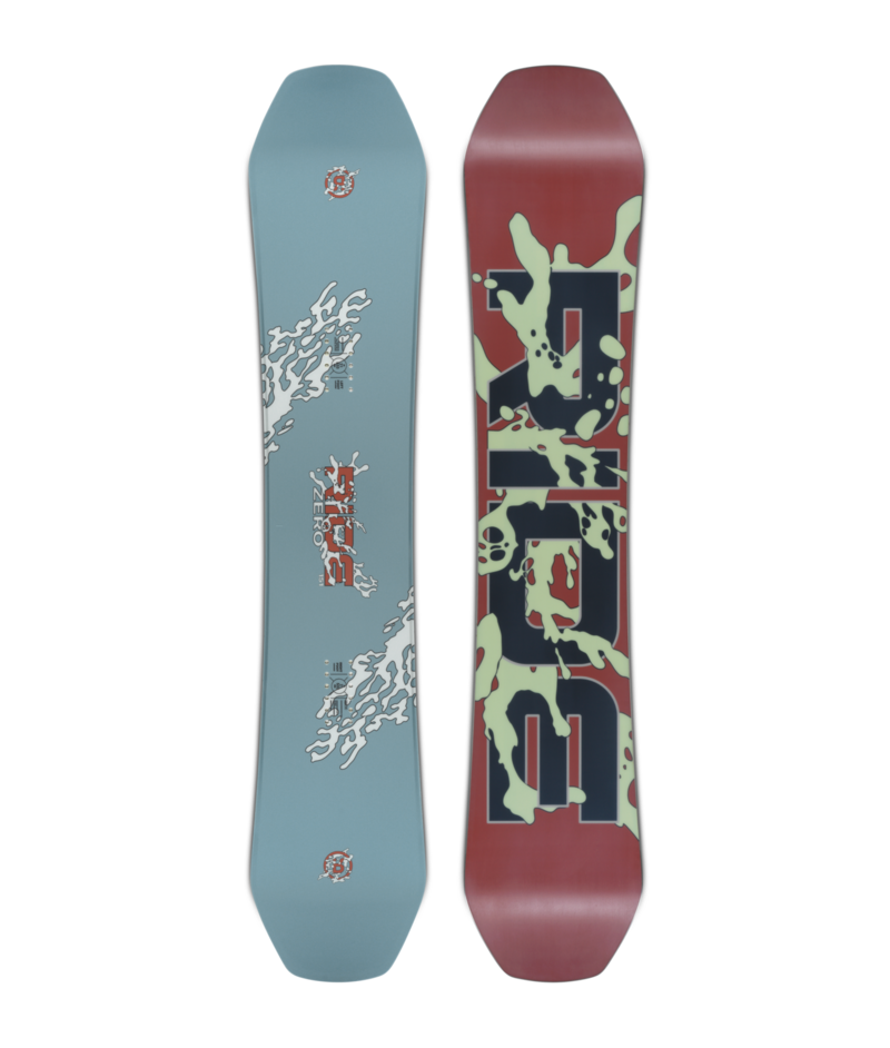Two snowboards standing upright side by side: left a blue board with white coral-like graphics and small emblem near the top; right a red board with bold black shapes and lime-green splatter pattern.