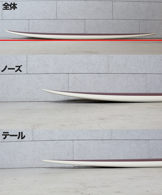 Three horizontal shots of a white surfboard series: a full-length view against a gray brick wall with a red alignment line at top, a middle close-up of the board's nose, and a bottom close-up of the tail; labels in Japanese read 全体 (overall), ノーズ (nose), and テール (tail).