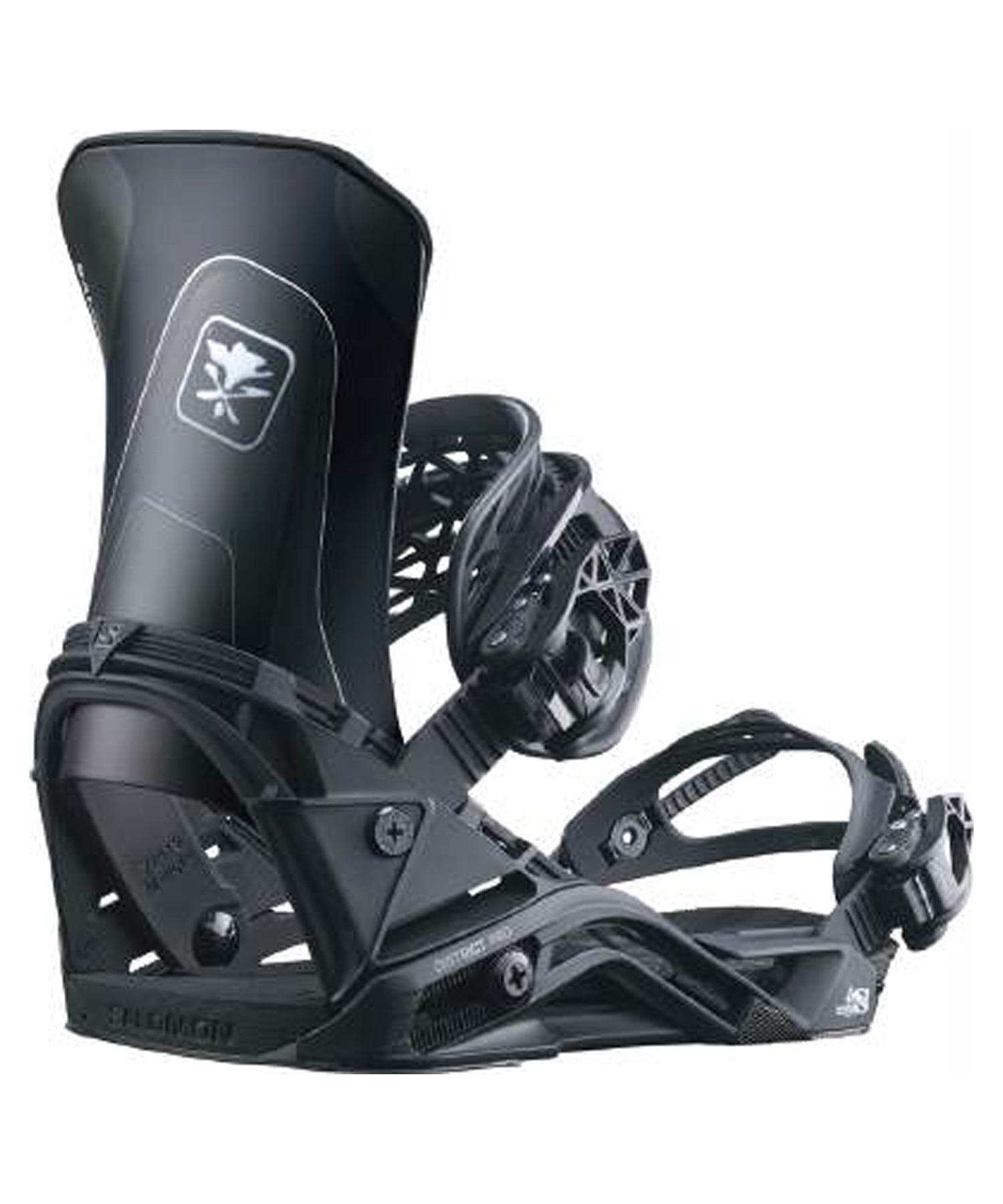 salomon_districtpro - SHOP NEWS | ムラサキスポーツオンラインストア 通販 Black snowboard binding with highback, ankle strap, and baseplate visible.