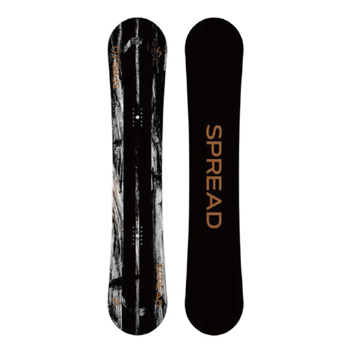 Two snowboards shown side by side; left board has a black‑white graphic, right board is solid black with orange 'SPREAD' lettering.