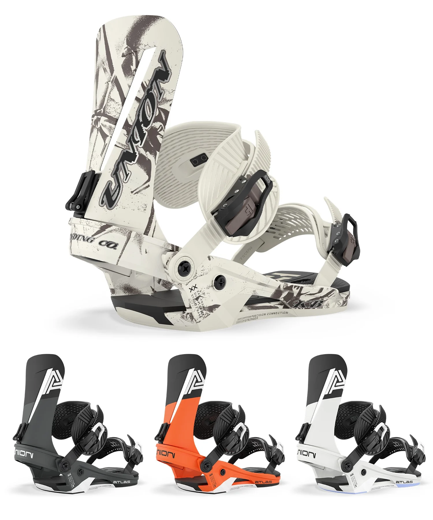 union_atlas - SHOP NEWS | ムラサキスポーツオンラインストア 通販 Wide view of a white snowboard with bindings overhead and three colorway bindings below, showcasing the ATLAS binding system arrangement.