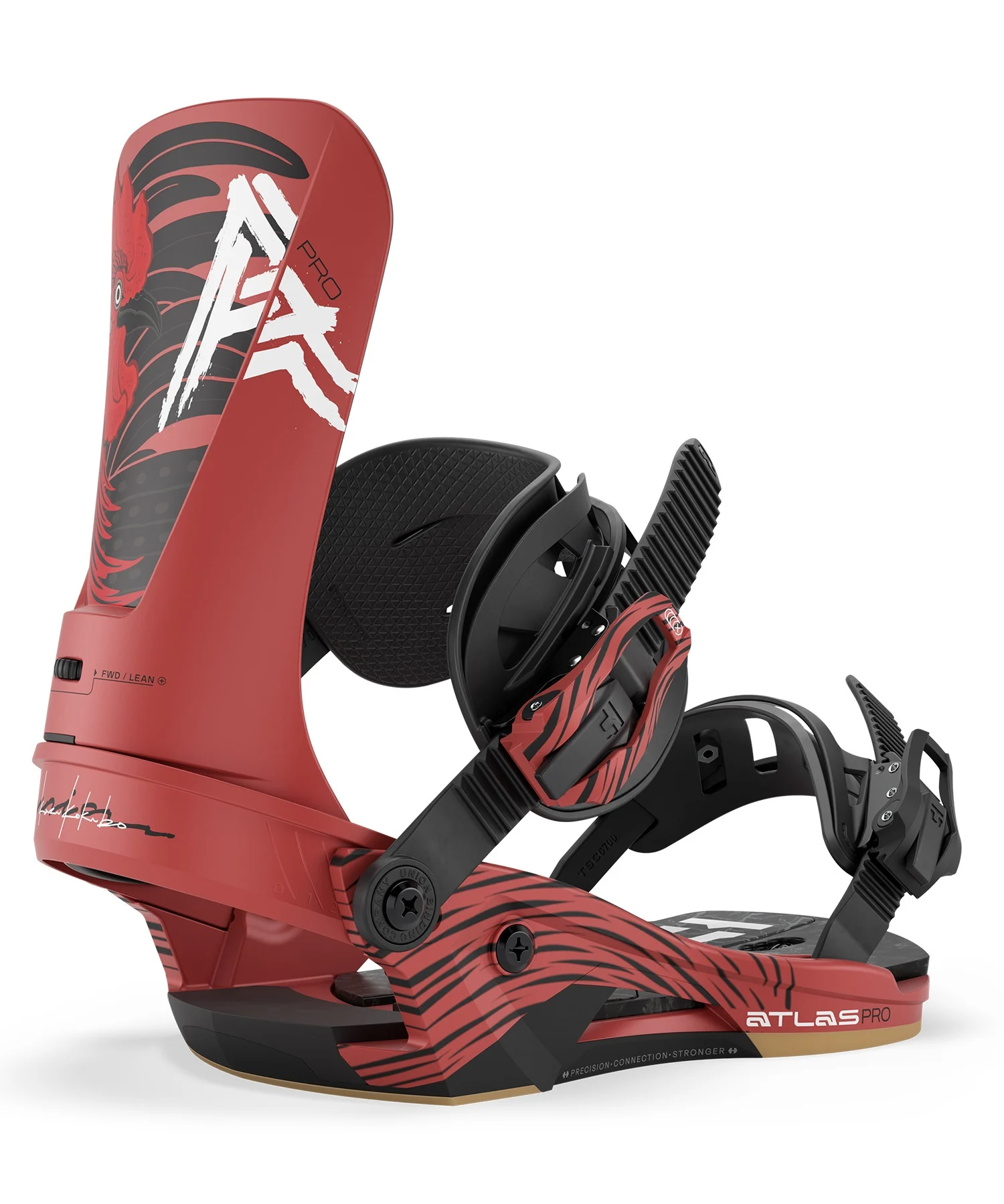 union_atlaspro - SHOP NEWS | ムラサキスポーツオンラインストア 通販 Red Atlas Pro snowboard binding with black straps and tiger-striped design, viewed from the side/forward angle.