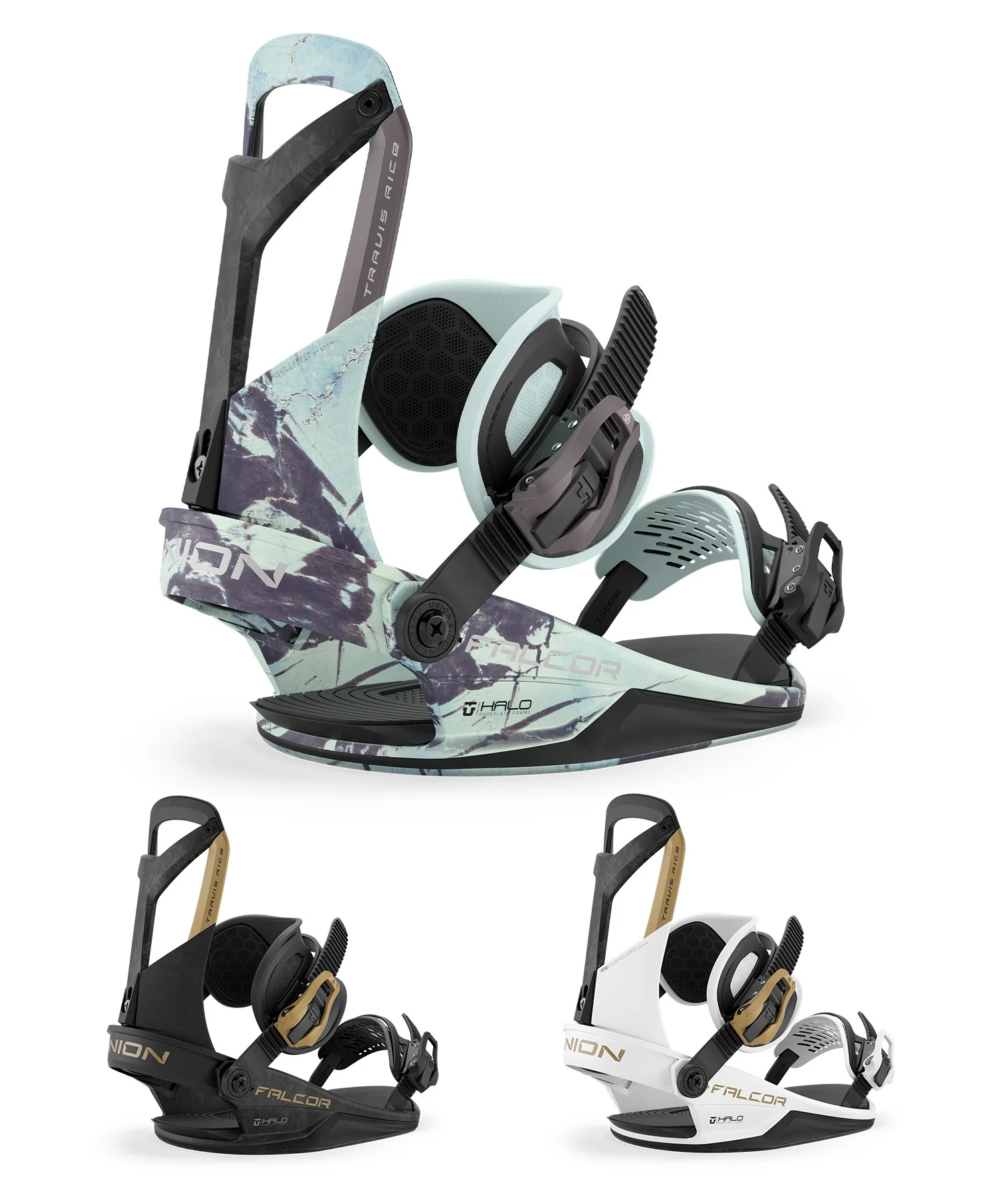 union_falcor - SHOP NEWS | ムラサキスポーツオンラインストア 通販 A set of three snowboard bindings in mint/camo, black, and white colorways, shown from the side with highbacks and ratchets.