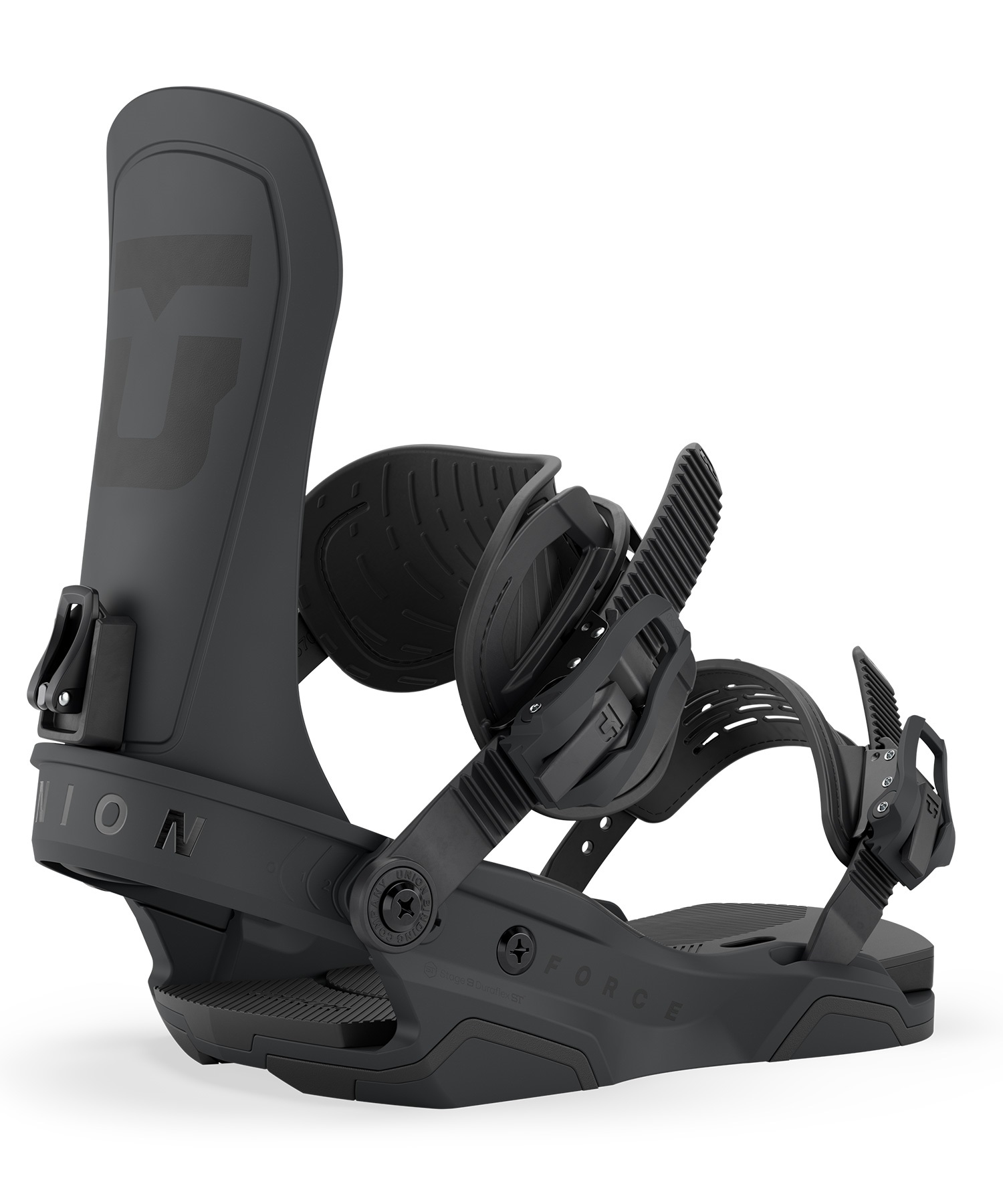 union_forceteam - SHOP NEWS | ムラサキスポーツオンラインストア 通販 Close-up of a dark snowboard binding with an adjustable highback, straps, and ratchets visible
