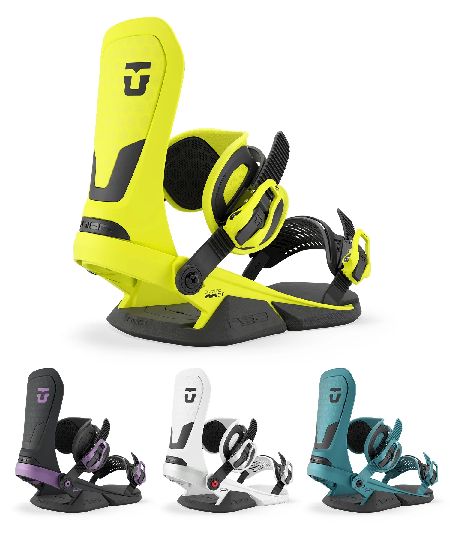 union_neo - SHOP NEWS | ムラサキスポーツオンラインストア 通販 Neon yellow snowboard binding with black straps and ratchets, shown from the side in a high-contrast product shot.