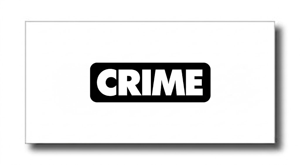 クライムバナー - SHOP NEWS | ムラサキスポーツオンラインストア 通販 CRIME logo: bold white letters on a black rounded-rectangle background, centered on a white card with a soft drop shadow
